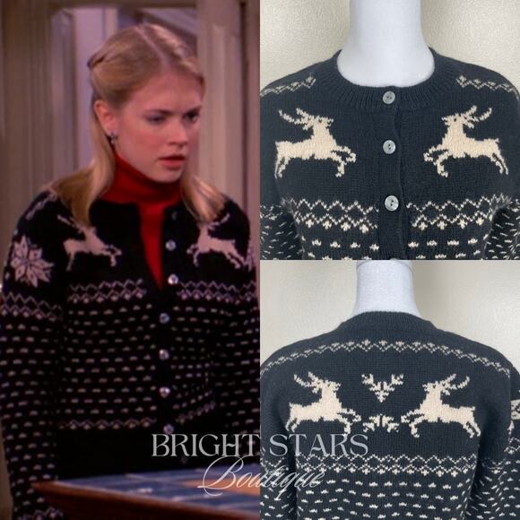 Rare Reindeer Cardigan ASO Sabrina The Teenage Witch Black Cream Vintage Holiday - Picture 4 of 10
